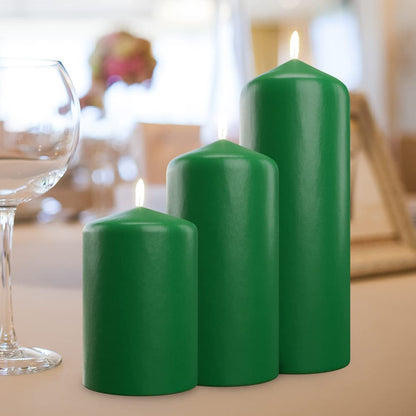Bask Cone Top Pillar Candles - Elegant Green Candles - Set of 3 Green Pillar Candles - 3"x4", 3"x6", and 3" x8 - Smokeless and Dripless Decorative Candles for Home Decor and Relaxation