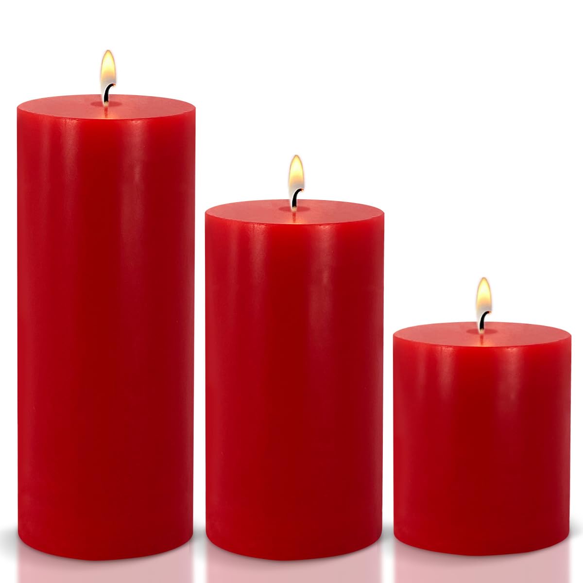 Red Pillar Candles - Unscented Pillar Candles Set of 3 - Dripless, Smokeless for All Occasions (3” W x 3”, 4”, and 6” H), Enjoy Over 150 Hours of Total Burn Time
