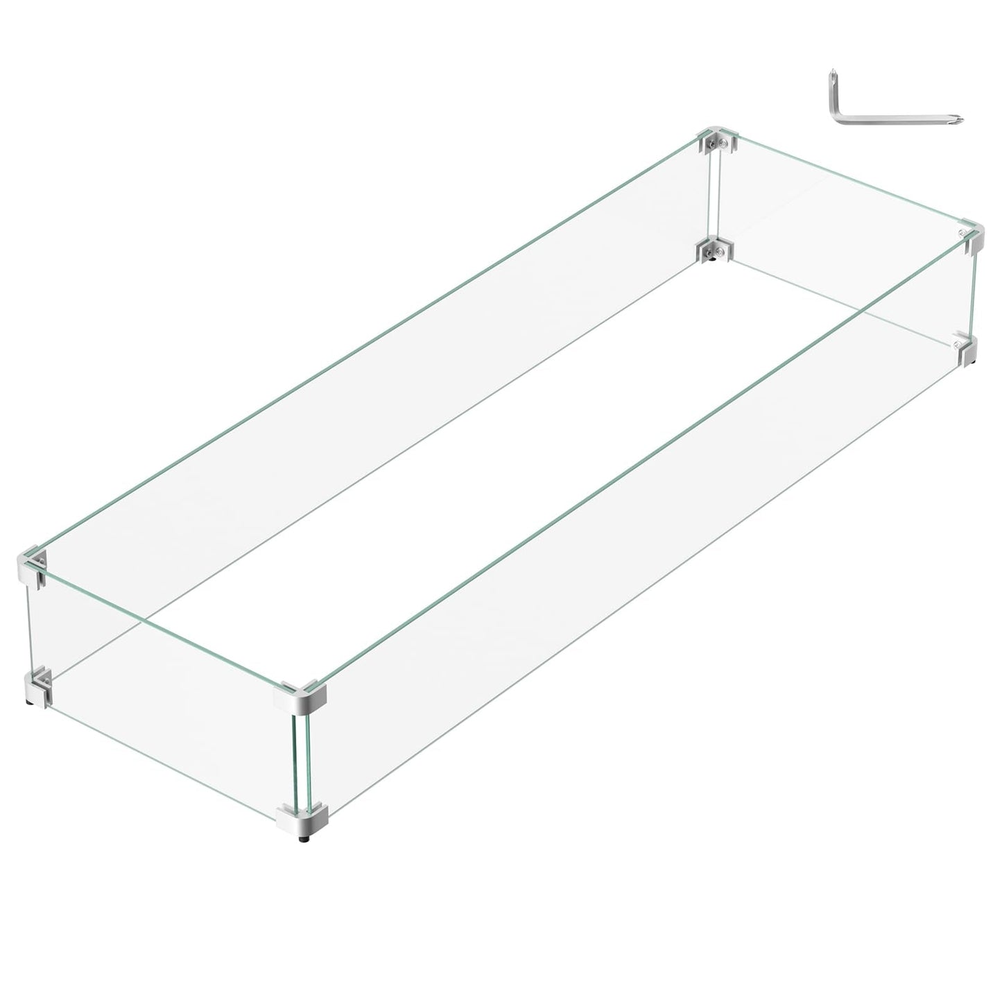 BriSunshine 41.5 x 13.5 x 6 Inch Glass Wind Guard for Propane Gas Fire Pit Table, Rectangular Thick Tempered Glass Shield, Firepit Glass Barrier with Aluminum Corner Bracket & Rubber Feet