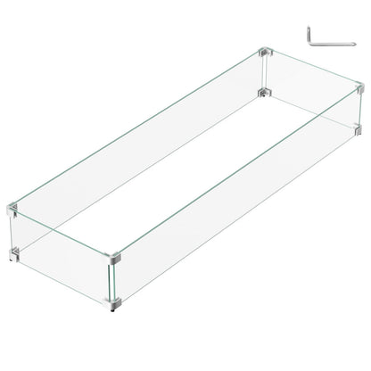 BriSunshine 41.5 x 13.5 x 6 Inch Glass Wind Guard for Propane Gas Fire Pit Table, Rectangular Thick Tempered Glass Shield, Firepit Glass Barrier with Aluminum Corner Bracket & Rubber Feet