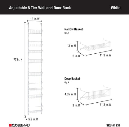 ClosetMaid Adjustable Organizer Rack with Baskets Wall or Over Door Mount, for Kitchen, Pantry, Utility Room, Closet, 12 in. W, White Finish, Inch