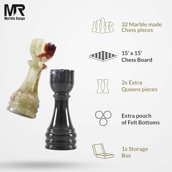 Marble Chess Set for Adults 15 Handmade Black &amp Green Onyx Board Game with 32 Chess Pieces 2 Extra Queens &amp Storage Box Luxury Travel Game – Elegant Home Décor