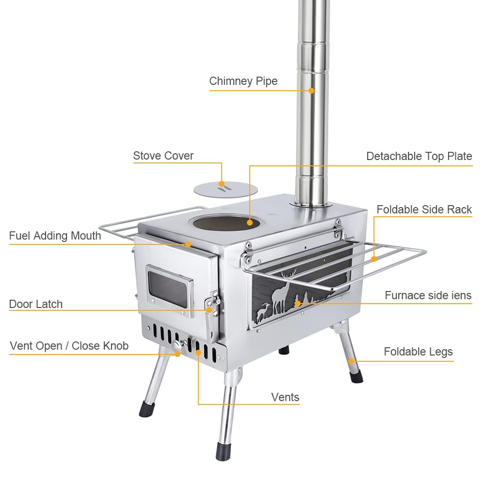 Outdoor Camping Tent Stove Portable Camping Stove Stainless Steel Stove With Chimney Pipe for Outdoor Cooking Camping BBQ Accessories