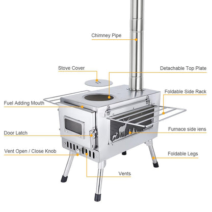Outdoor Camping Tent Stove Portable Camping Stove Stainless Steel Stove With Chimney Pipe for Outdoor Cooking Camping BBQ Accessories