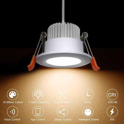 YGS-Tech Smart 3 Inch LED Recessed Lighting RGB WiFi Downlight, 5W Compatible with Alexa and Google Home, Dimmable RGB & CCT 2700-6500K Color Changing, 120V Ceiling Light with LED Driver (4 Pack)