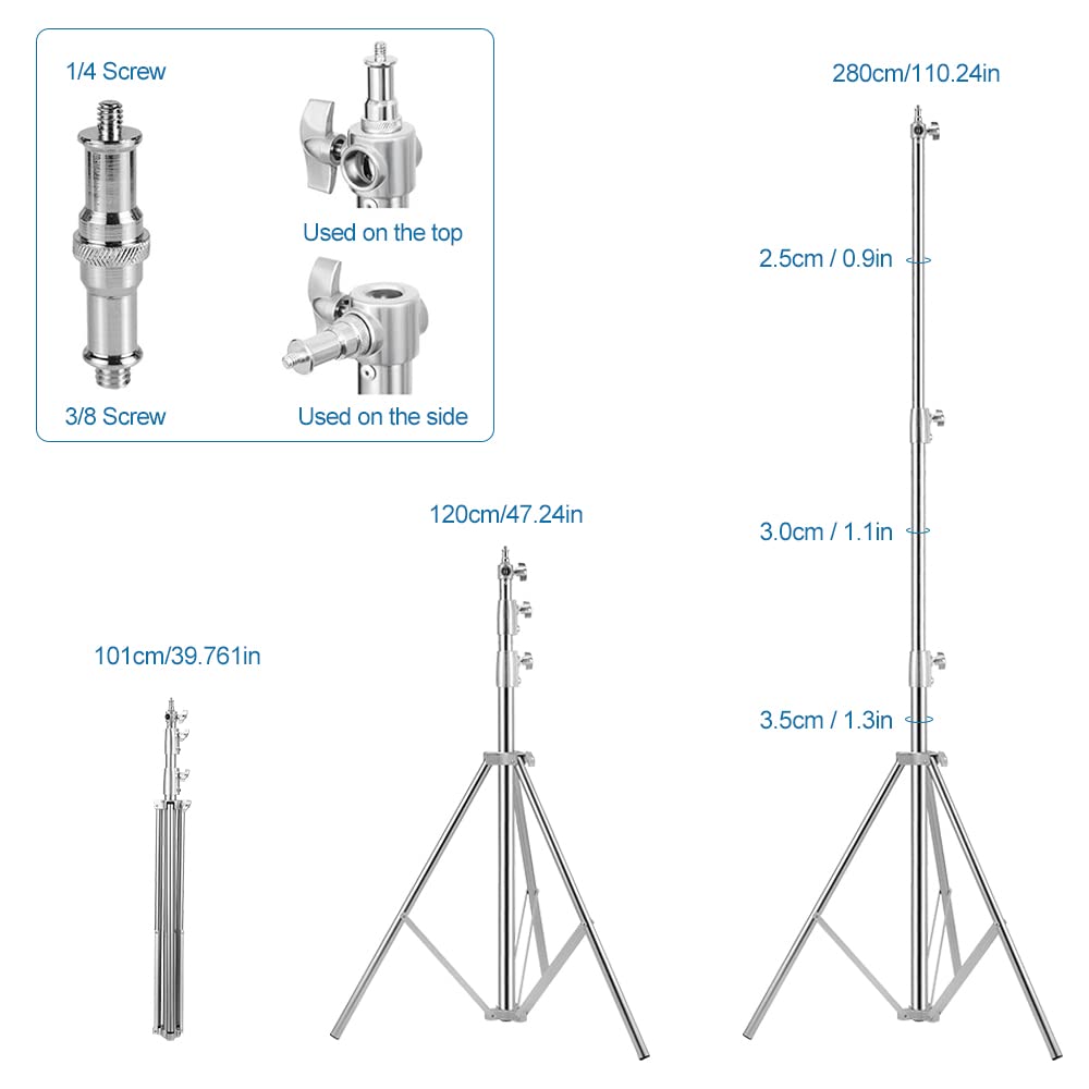 Heavy Duty Light Stand Tripod Stand for Photography, 9.19 Feet/2.8m Stainless Steel Light Tripods for Softbox, Speedlight, Strobe Light, Umbrella - Pack of 2