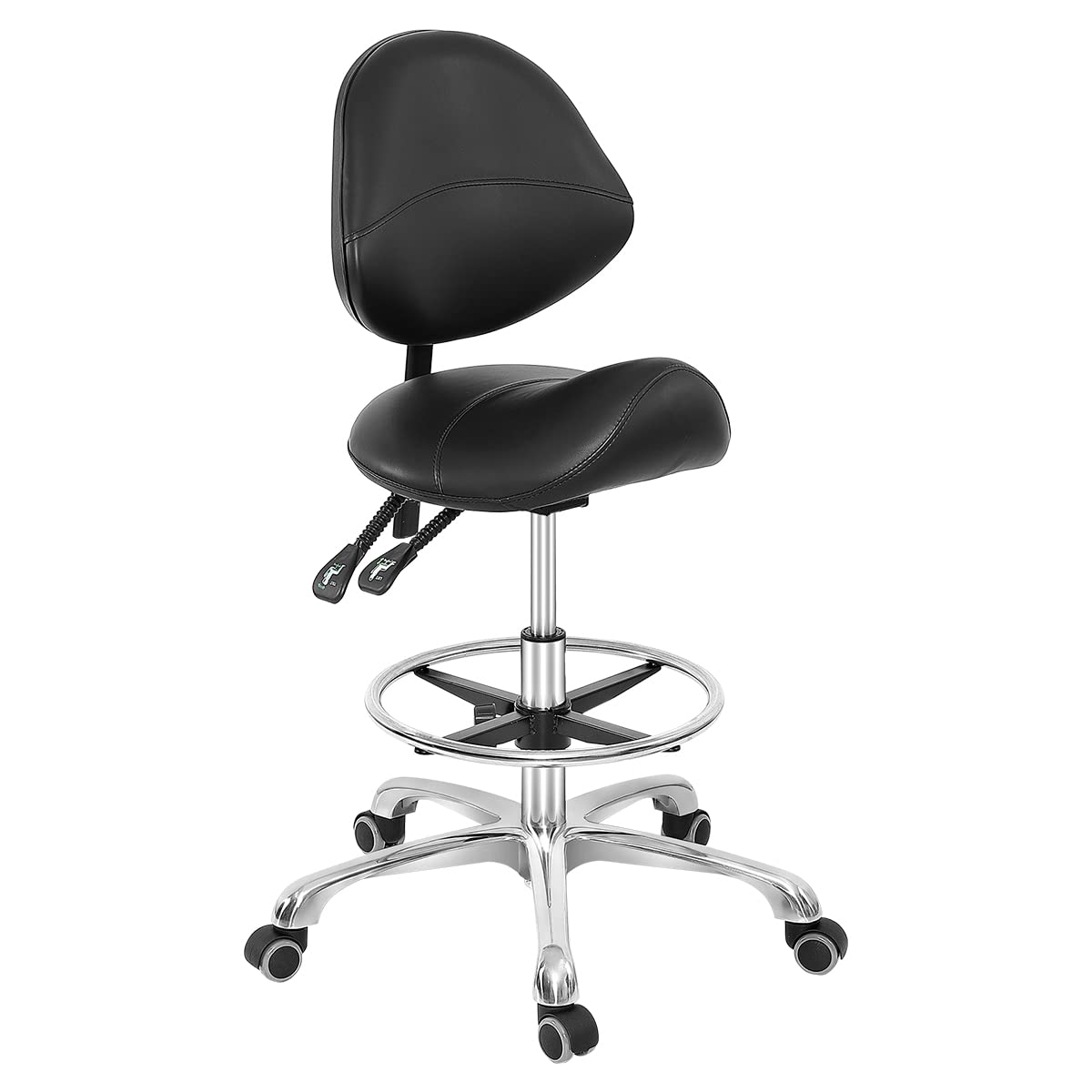 Grace & Grace Professional Saddle Stool Chair with Back Support, Hydraulic Ergonomic Saddle Seat Stool with Wheels for Clinic Dentist Spa Massage Salons Studio (Black, with Foot Rest)