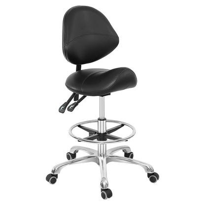 Grace & Grace Professional Saddle Stool Chair with Back Support, Hydraulic Ergonomic Saddle Seat Stool with Wheels for Clinic Dentist Spa Massage Salons Studio (Black, with Foot Rest)