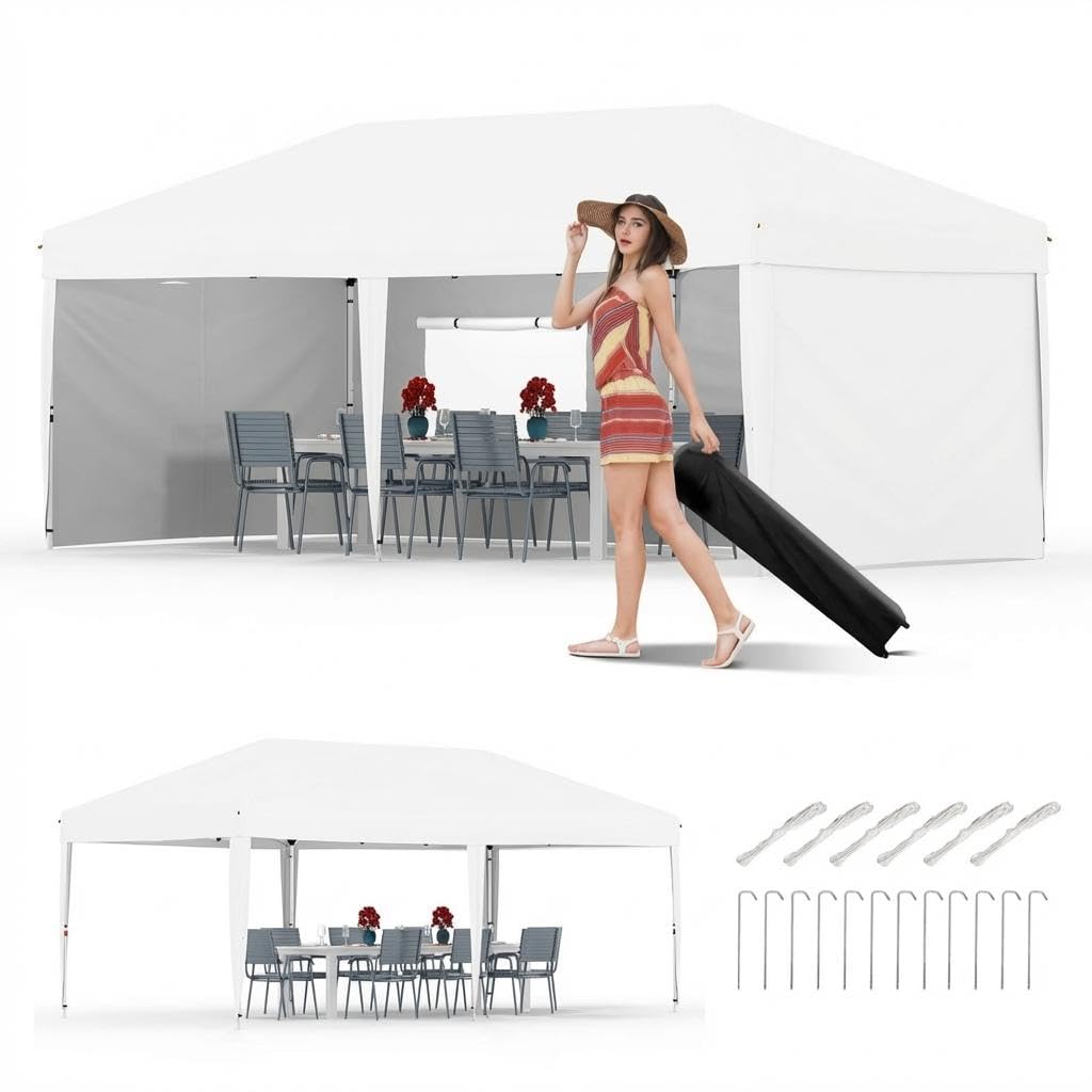 10x20Ft Pop Up Canopy Tent, One Push Setup Instant Beach Tent, Outdoor Canopy with 4 Sidewalls & Roller Bag, Includes Sandbags, Adjustable Height, Waterproof, Sun Shelter for Events, Camping, White