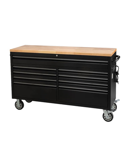 61" Rolling Tool Chest with 9 Drawers - Heavy-Duty Steel & Rubber Wood Workbench on Wheels, Garage Workbench with Key Locking System, Drawer Liners for Warehouse Repair Shop, Matte Black