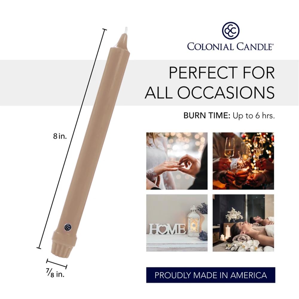Colonial Candle Unscented Taper Candle, Classic Collection, Mocha, 8 in, Pack of 12 - Up to 6 Hours Burn