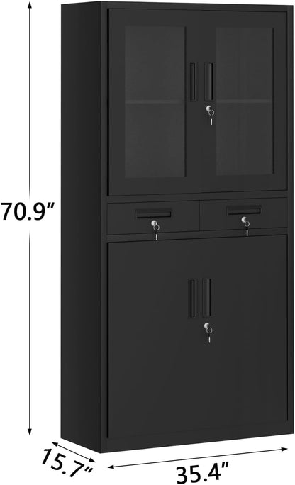 PioneerWorks 71" Black Metal Storage Cabinet w/Glass Doors | 2 Drawers + 2 Adjustable Shelves, Lock Feature | for Garage, Home Office Organization