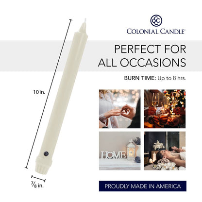 Colonial Candle Unscented Taper Candle, Classic Collection, Ivory, 10 in, Pack of 6 Candlesticks - Up to 8 Hours Burn
