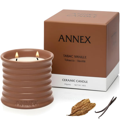 Annex Tobacco, Vanilla & Amber Luxury Scented Candle - 8oz Handmade Ceramic Jar Candle - 50hr Clean Burn, 100% Non-Toxic Soy Wax, Aesthetic Home Decor Winter Gift for Men & Women - Oud & Sandalwood