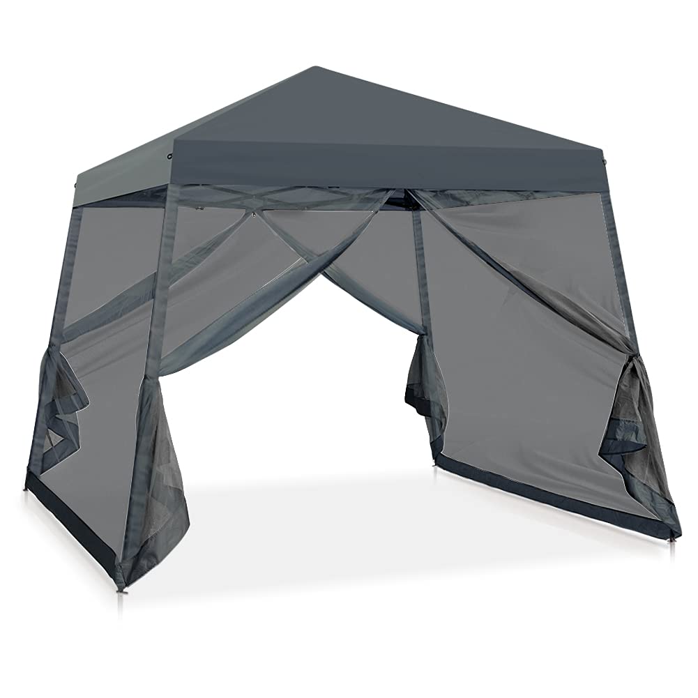 COOS BAY 10x10 Pop Up Canopy Tent with Screen Netting, Slant Leg Canopy with UPF 50+ UV Protection, 64 Sq Ft Shade, One Person Setup with Carry Bag, Gray
