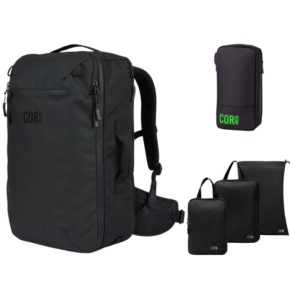 COR Surf Carry On Travel Backpack Bundle | Island Hopper Travel Backpack with Toiletry Bag and Compression Packing Cube Set (40L, Black)