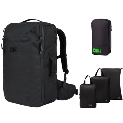 COR Surf Carry On Travel Backpack Bundle | Island Hopper Travel Backpack with Toiletry Bag and Compression Packing Cube Set (40L, Black)