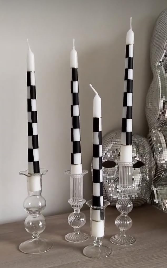 %100 Handmade Decorative Hand Painted Taper Candles, 2 Pack | Full Checkered Black & White | for Dinner Table and Interior Decoration,Gift for Celebration Decoration