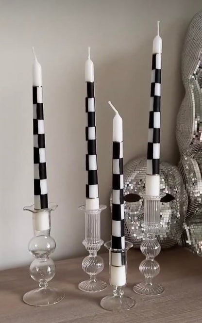 %100 Handmade Decorative Hand Painted Taper Candles, 2 Pack | Full Checkered Black & White | for Dinner Table and Interior Decoration,Gift for Celebration Decoration