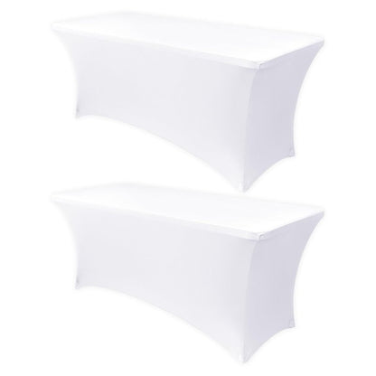Obstal 8Ft Stretch White Spandex Table Cover for Standard Folding Tables - 2 Pack Universal Rectangular Fitted Tablecloth for Party, Banquet, Events, Trade Show (White, 96L x 30W x 30H Inches)