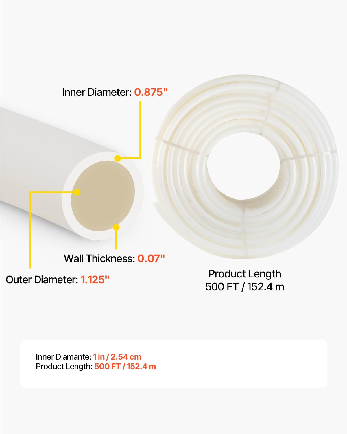 VEVOR PEX Pipe, 1 Inch x 500 FT Tubing, Non Oxygen Barrier White B Pipe, Flexible Water Line for RV Sewer Hose, Plumbing, Radiant Heating