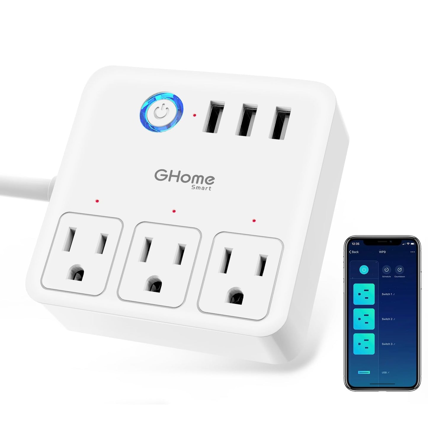 GHome Smart Plug Outlet Extender, USB Wall Charger with 3 Individual Smart Outlets and 3 Smart USB Ports, Works with Alexa Google Home, Surge Protector Plug Extender for APP Control,15A/1800W