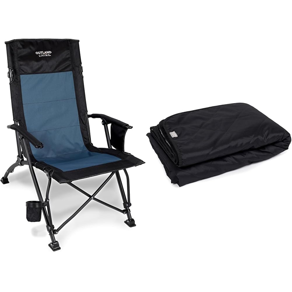 Outland Living Ultimate Outdoor Bundle: Bella Coola Camp Chair with Built-in Storage + Trail Camping Blanket – Water-Resistant, Durable, and Cozy Sherpa Fleece and Relaxation