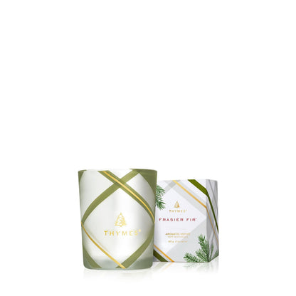 Thymes Frasier Fir Candle – Frosted Plaid Collection – Green & White Glass Jar Design – Scented Candles for Home Decor – Notes of Crisp Siberian Fir, Cedarwood & Sandalwood (Votive, 2 oz)