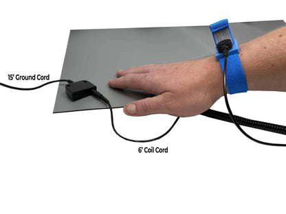 RubberStat Dual Layer ESD Compliant Workstation Rubber Table Mat Kit, Soldering, Cell Phone Repair, with Wrist Strap Set and Ground Cord - 24"x72" Grey