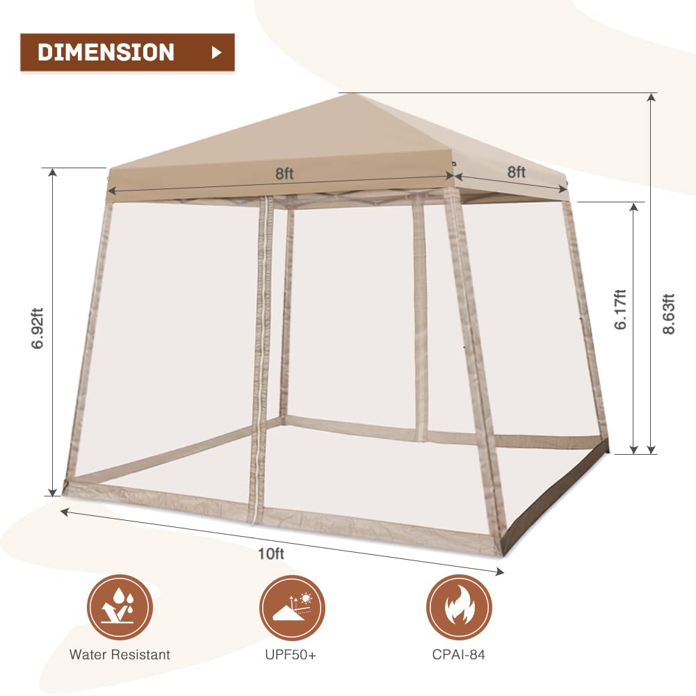 INTER HUT 10x10 Pop Up Canopy Tent, Slant Leg Instant Screened Gazebo with Mesh Walls, UV Protection, Water Resistant, Beige