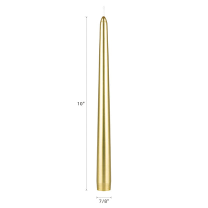 Mega Candles 12 pcs Unscented Gold Taper Candles, Hand Poured Wax Candle 10 Inch x 7/8 Inch, Home Décor, Wedding Receptions, Centerpieces, Occasions, Romantic Dinners, Prayer, Candle Holders