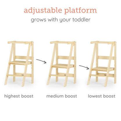 dadada Baby Foldable Montessori Tower - Adjustable Kitchen Step Stool for Kids with Safety Rail, Non-Toxic Finish, Great for Small Space Living (Natural)
