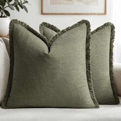 MIULEE Christmas Decorative Throw Pillow Covers Neutral Linen Fringe Fall Throw Pillows Set of 2 Natural Beige Boho Farmhouse Cushion Covers with Tassels for Couch Sofa Bed Home Decor 20x20 Inch