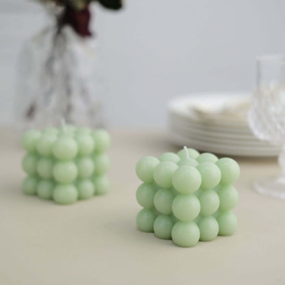 Efavormart 2 Pack Sage Green 2" Bubble Cube Paraffin Wax Candles, Unscented Rubik's Cube Aesthetic Decorative Pillar Candles
