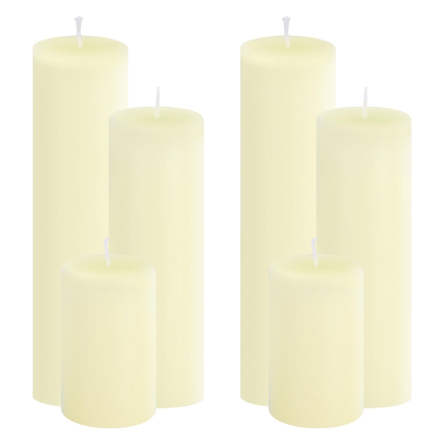 Trxvxo Ivory Pillar Candles, 6-Pack Bulk Set in 3 Sizes (3, 6 & 8 Inch - 2 Each). Dripless, Unscented & Smokeless Hurricane Candles for Weddings, Parties & Home Decor.