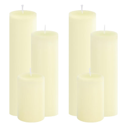 Trxvxo Ivory Pillar Candles, 6-Pack Bulk Set in 3 Sizes (3, 6 & 8 Inch - 2 Each). Dripless, Unscented & Smokeless Hurricane Candles for Weddings, Parties & Home Decor.