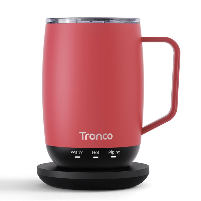 Tronco Temperature Control Heated Coffee Mug 14 oz – Rechargeable Self-Heating Coffee Cup with Lid – Manual Control, 3 Modes, 130 Min Battery Life, Auto Shut-Off (Rose)