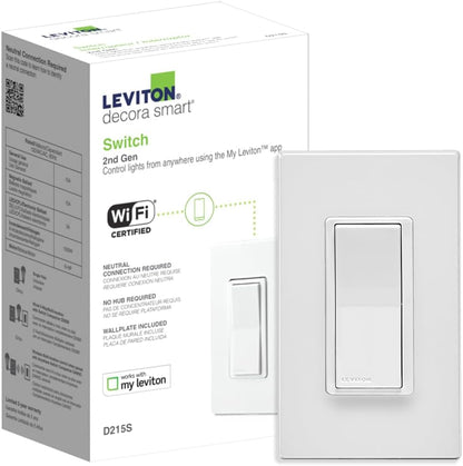 Leviton Decora Smart Switch, Wi-Fi 2nd Gen, Neutral Wire Required, Works with Matter, My Leviton, Alexa, Google Assistant, Apple Home/Siri & Wired or Wire-Free 3-Way, D215S-2RW, White
