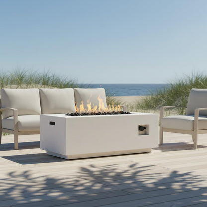 Christopher Knight Home Rado Outdoor Propane Fire Pit Table with Lava Rock, No Assembly Light Concrete Tank Table for Patio, 40000 BTU, Rectangular Tabletop Fire Pit Outdoor, Patio Fire Table, White