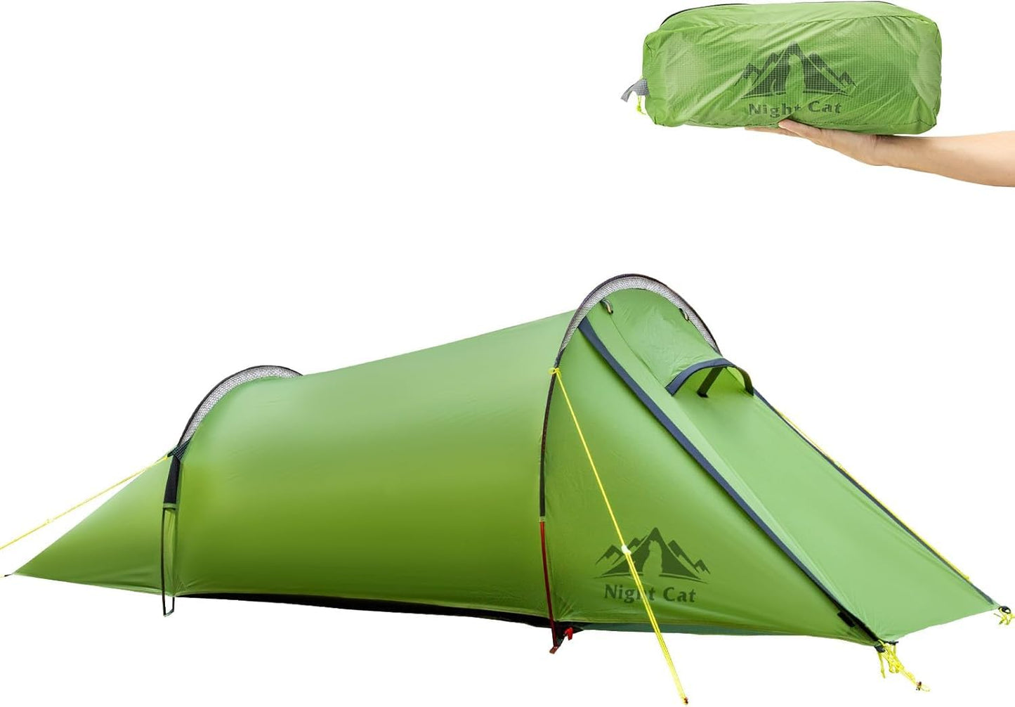 Night Cat Ultralight Tunnel Tent: Waterproof Lightweight Two People Backpacking Tent for Outdoor Camping Hiking Trekking with Double Layers Aluminum Poles and Footprint 2 Persons Green