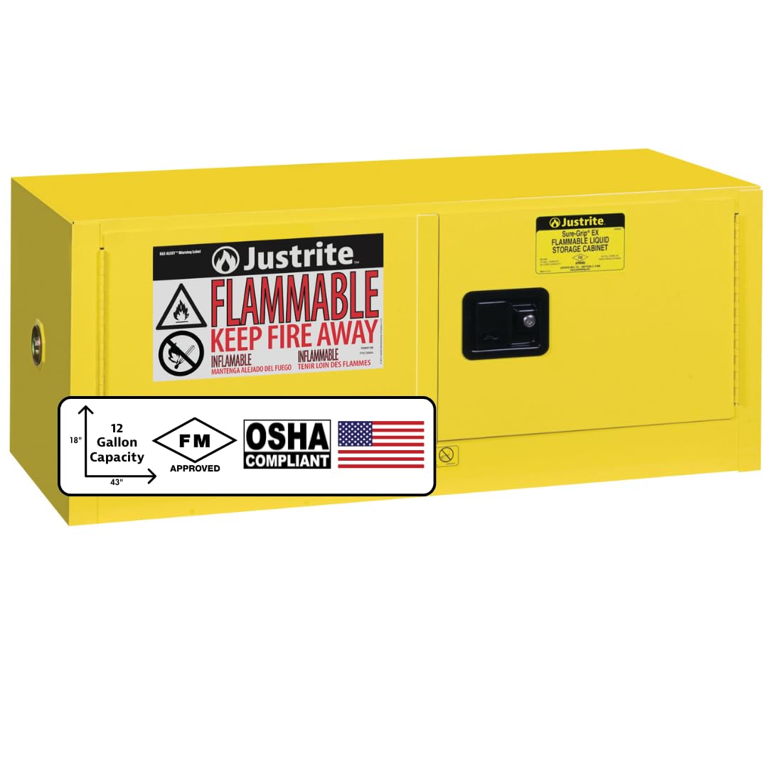 Justrite 12 Gallon Manual Close Piggyback Flammable Storage Cabinet, 18 Gauge Steel, 2 Door Fire Cabinet, 18" x 43" x 18", Made in The USA, Yellow, 891300