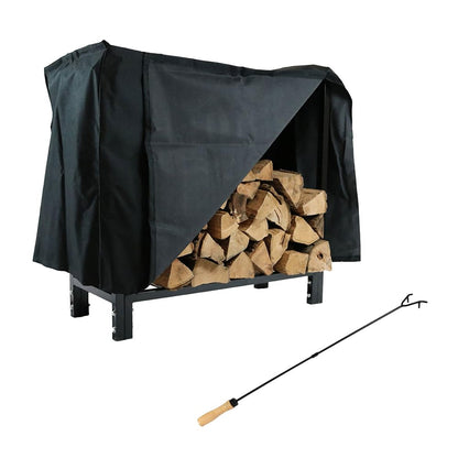 Sunnydaze Firewood Log Rack with Cover and Fire Poker - Indoor or Outdoor Use - Heavy-Duty Metal Fire Accessories