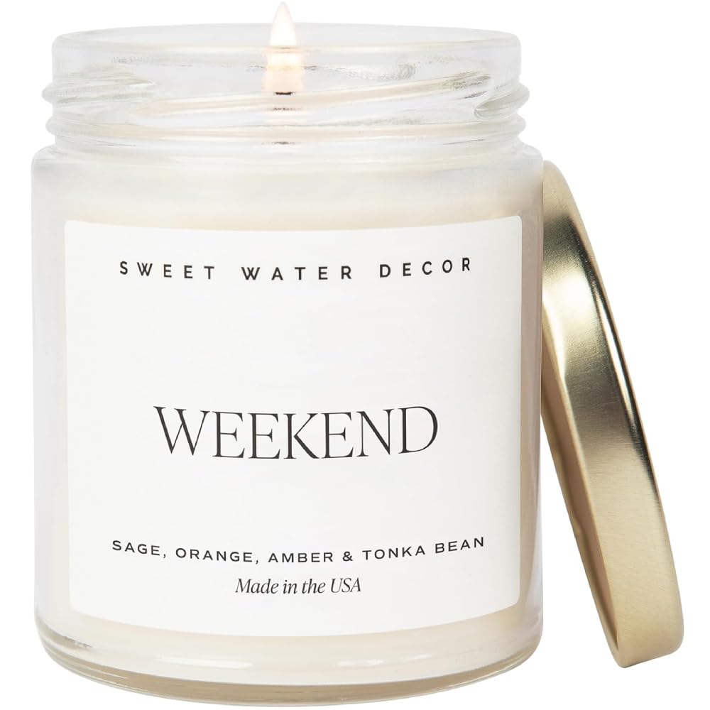 Sweet Water Decor Weekend Candle - Soy Citrus, Grapefruit, Sage, Amber, and Oakmoss Scented Earthy Candles for Home - 9oz Clear Jar with Gold Lid, 40+ Hour Burn Time, Made in The USA