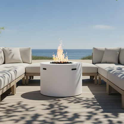 Christopher Knight Home Hiro Outdoor Propane Fire Pit Table with Lava Rock, No Assembly MGO Tank Table for Patio/Deck, 40000 BTU, Round Tabletop Fire Pit Outdoor, Patio Fire Table, White