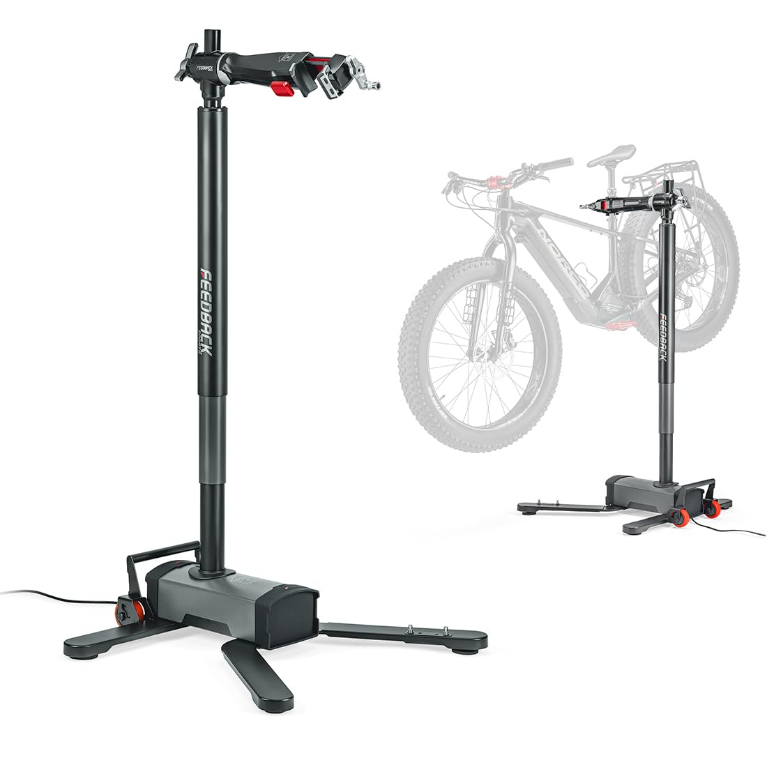 Feedback Sports | Pro E Lift Bike Repair Stand | Electric Height Adjustment, 100 lb Capacity, Speed Ratchet Clamp, Ideal for E-Bikes and Home Workshops