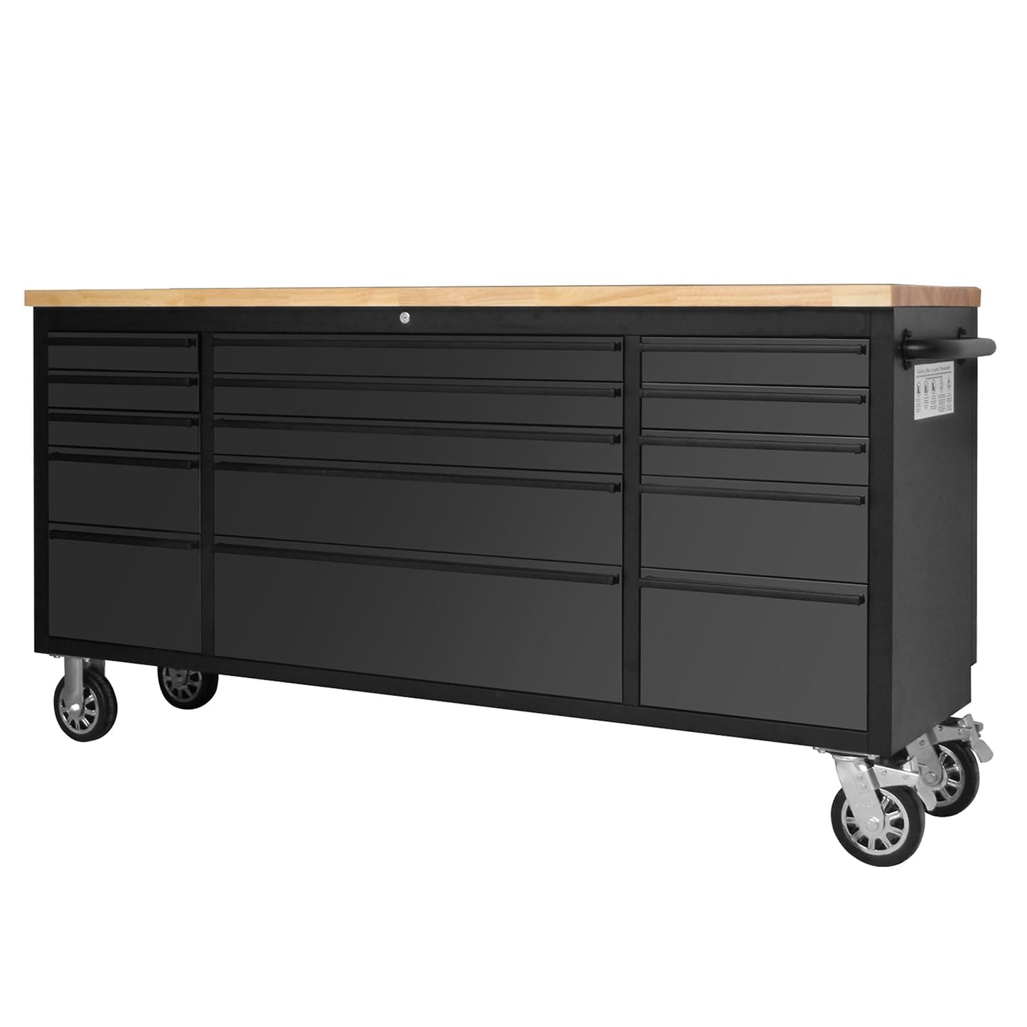 GarveeTech 72 Inch Heavy-Duty Rolling Tool Chest & Mobile Workbench with 15 Drawers, Rubber Wood Tabletop, Locking System, Drawer Liners and Wheels, Steel Storage Cabinet for Garage, Workshop, Black