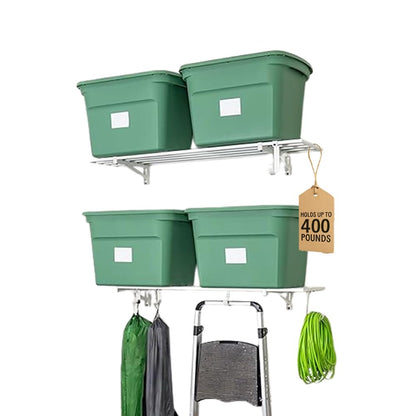 StoreYourBoard Garage Shelving Wall Mounted | 1x4 Heavy Duty Garage Wall Shelves 2-Pack, 12” Deep x 46.5” Long | Steel Wall Shelf Garage Storage Rack with Hooks, 200 lb Each / 400 lb Total, White