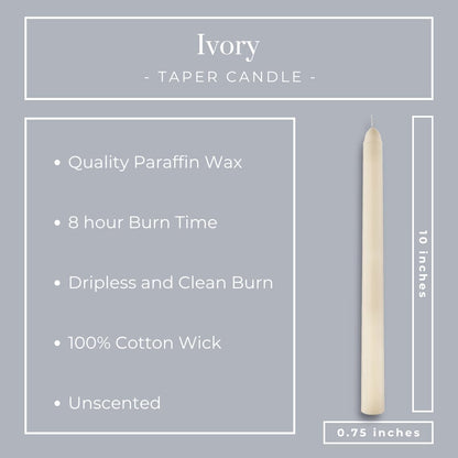 Becky Home 8 Pack Ivory Taper Candles - Taper Candles 10 Inch Dripless, Smokeless & Unscented - 8 Hours Long Burning - Ideal for Weddings, Dinner Parties, and Home Decor