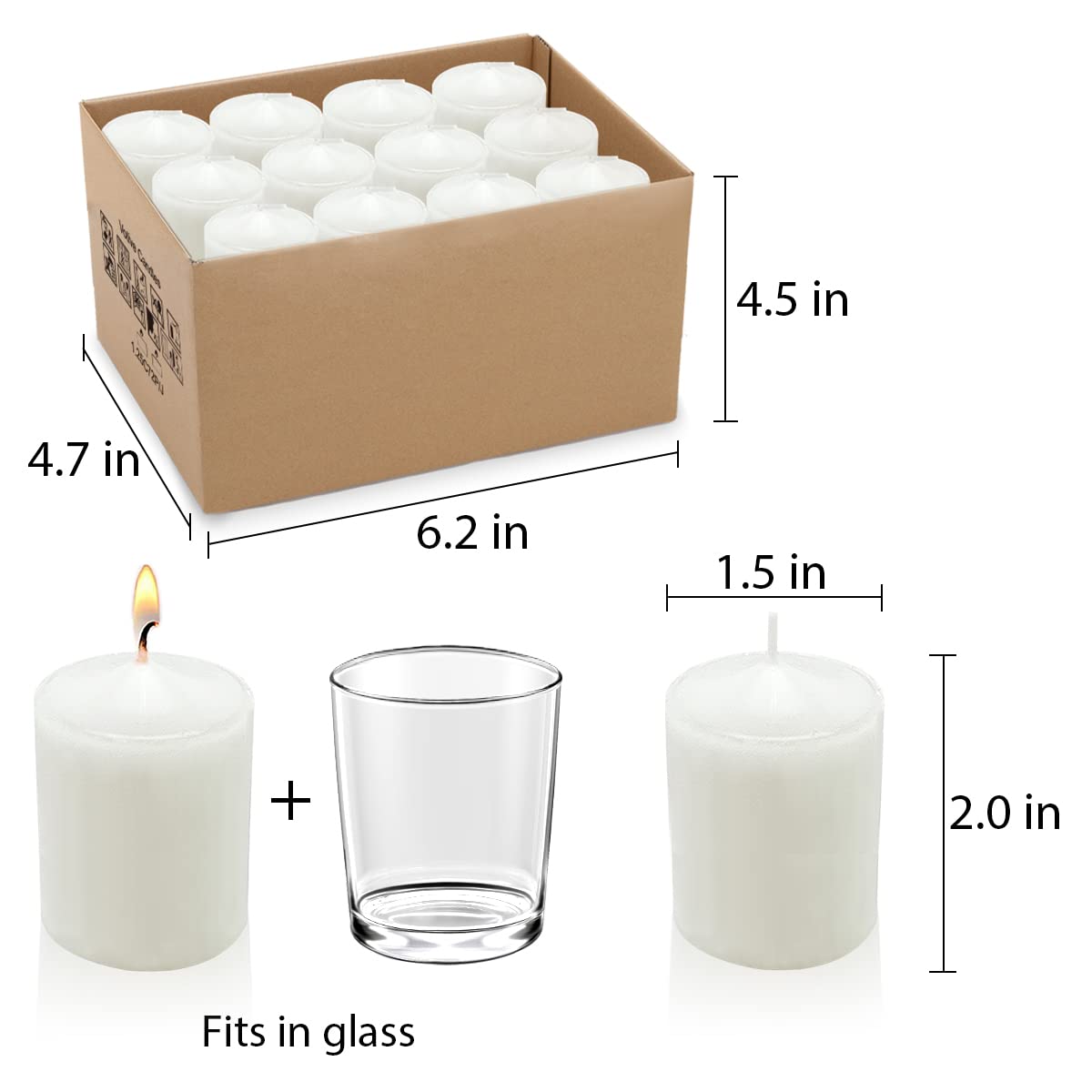 Amusaer 2.0 Inch White Votive Candles, Unscented Wax 12 Hour 1.5'' Diameter Candles for Wedding, Party & Home, 24 Packs