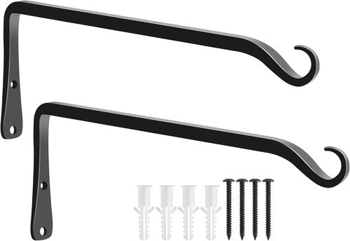 Feed Garden 12-Inch Hanging Plant Bracket - Decorative Wall Hooks for Outdoor Planters & Bird Feeders | Black (2-Pack)